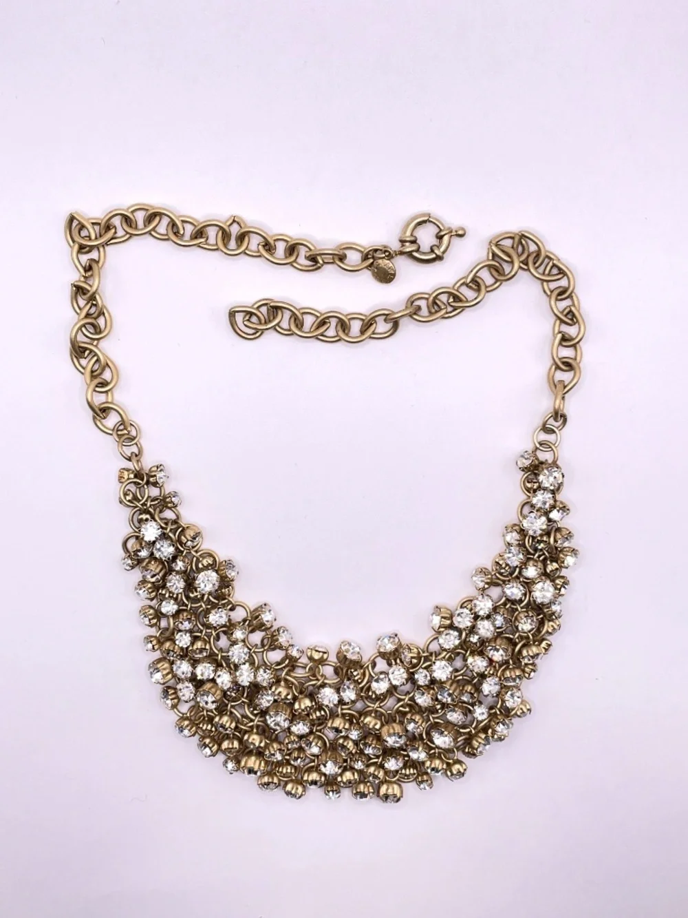 Vintage J.Crew Matte Gold Tone Mesh Rhinestone Bib Necklace Rare